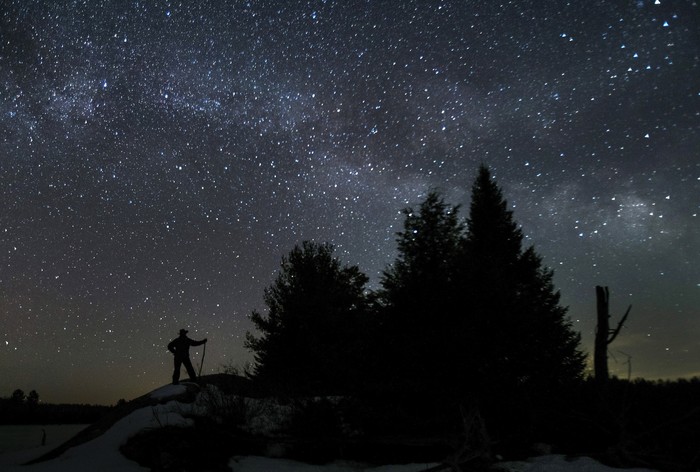 The aurora borealis, or northern lights, make a rare appearance over central Ontario north of Hwy 36 in Kawartha Lakes, Ont., on Sunday, March 21, 2021.  (Fred Thornhill/The Canadian Press via AP)