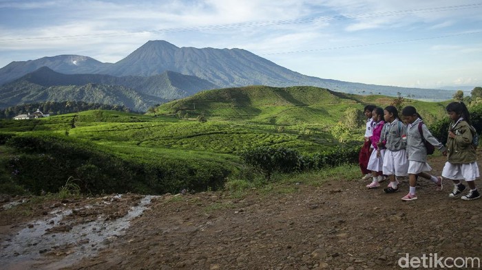 Anak-anak di Kaki Gunung Kencana Mulai Sekolah Tatap Muka Sejumlah pelajar berjalan kaki di desa Tugu Utara, Kab Bogor, Jawa Barat, Senin (29/3/2021).