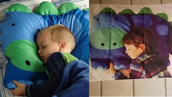 Niat hati mau memesan bantal dinosaurus, eh malah yang datang bantal dengan gambar anak kecil yang sedang tidur di atas bantal dinosaurus. Baiklah. Foto: via sizzlfy.com