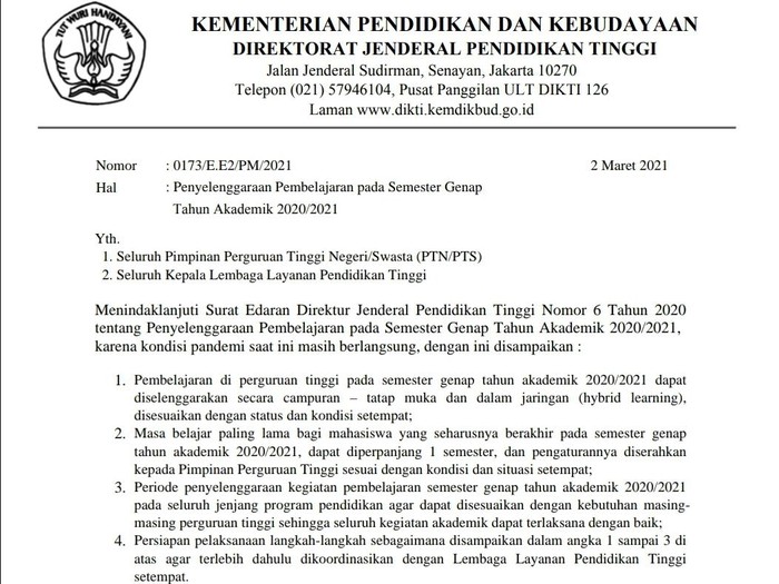 Surat Edaran Nomor 0173/E.E2/PM/2021 tanggal 2 Maret 2021 soal penyelenggaraan pembelajaran pada semester genap.