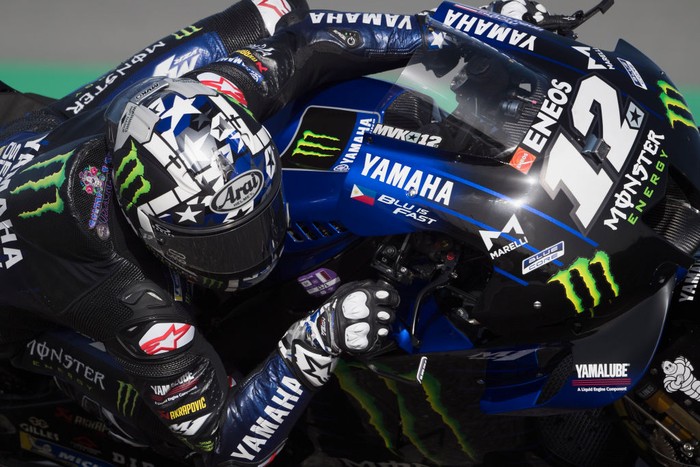DOHA, QATAR - MARCH 27: Maverick Vinales of Spain and Monster Energy Yamaha MotoGP Team rounds the bend during the MotoGP of Qatar - Qualifying at Losail Circuit on March 27, 2021 in Doha, Qatar. (Photo by Mirco Lazzari gp/Getty Images)