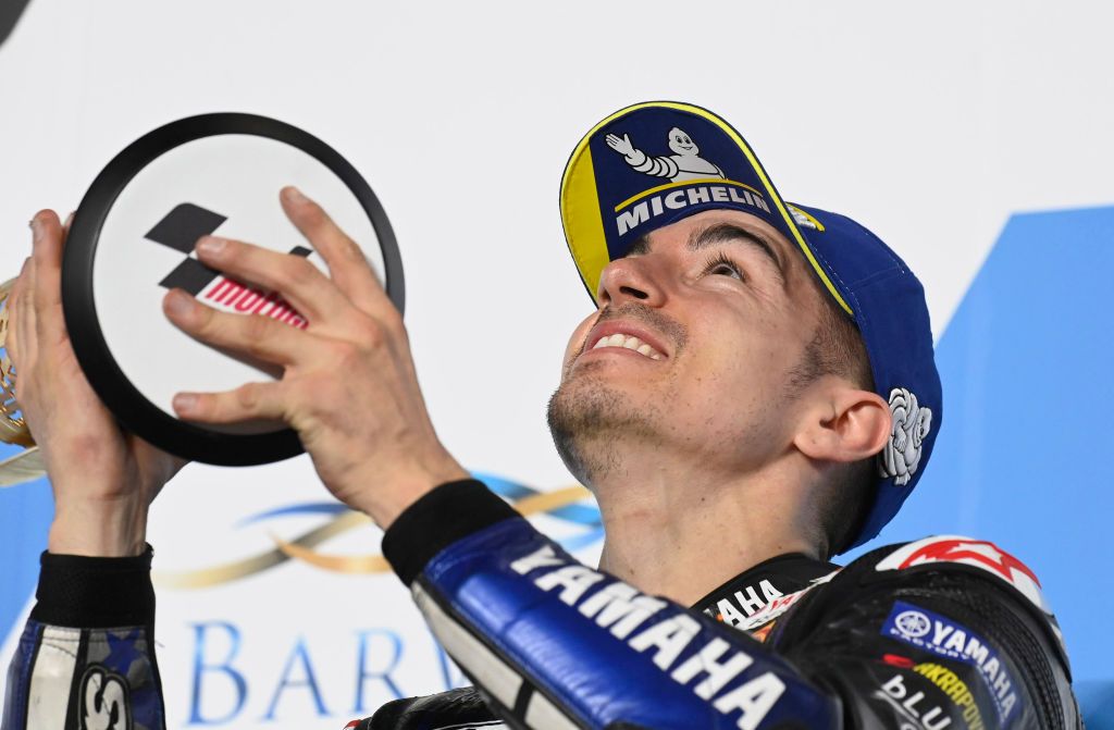 DOHA, QATAR - MARCH 28: Maverick Vinales of Spain and Monster Energy Yamaha MotoGP Team leads the field during the MotoGP race during the MotoGP of Qatar - Race at Losail Circuit on March 28, 2021 in Doha, Qatar. (Photo by Mirco Lazzari gp/Getty Images)