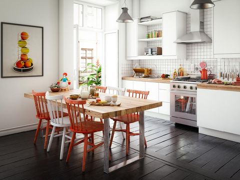 Wooden chairs and table on gray  background, rattan pot and trendy home accessories , Scandinavian dining room interior design with empty wooden frame template.