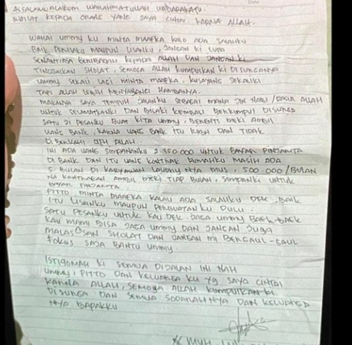 Surat wasiat pelaku bom bunuh diri di depan Gereja Katedral Makassar berinisial L (26) (dok Istimewa)

Foto surat didapatkan dari medsos dan dibenarkan pihak kepolisian