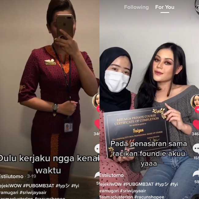 Kadang kalau teman-teman mau berangkat terbang aku make up in biar sekalian saya belajar. 2018 akhir aku pelan-pelan membuka jasa sebagai MUA. Jadi kalau libur terbang, pelan-pelan menerima job make up. Hingga akhirnya 2019 sudah mulai banyak menerima job lalu saya memutuskan untuk resign, lanjut Esti. Foto: Dok. Tangkap layar akun TikTok @estiutomo