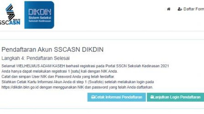 Tampilan halaman berhasil melakukan pembuatan akun SSCASN sekolah kedinasan 2021