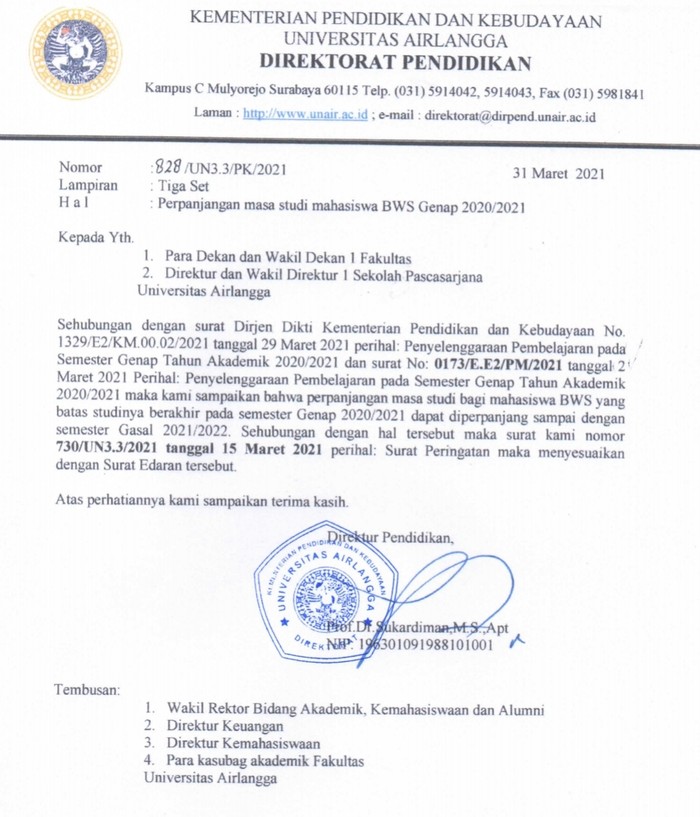 Unair Mulai Berlakukan SE dari Kemendikbud, Mahasiswa Akhir Dapat Tamabahan 1 Semester