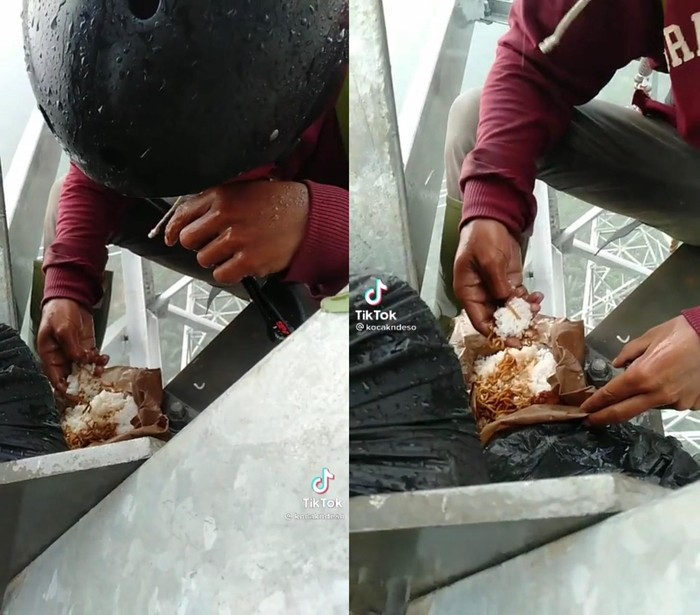 Asyik Makan Nasi Bungkus di Atas Menara Sutet, Para Pekerja Ini Banjir Pujian