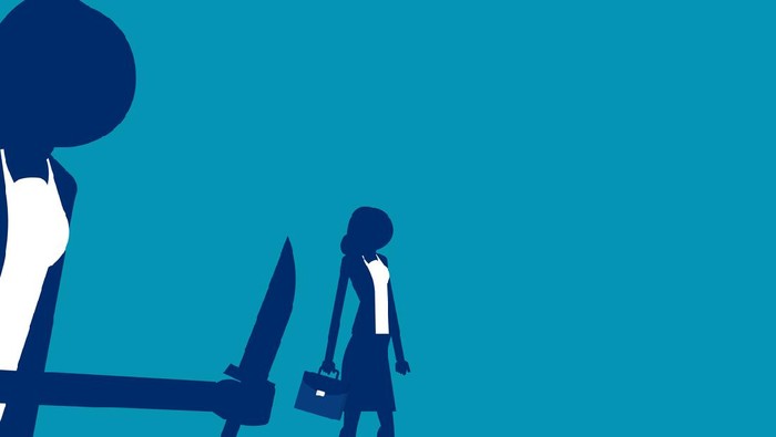 Businesswoman being stabbed in the back. Silhouette vector illustration design.