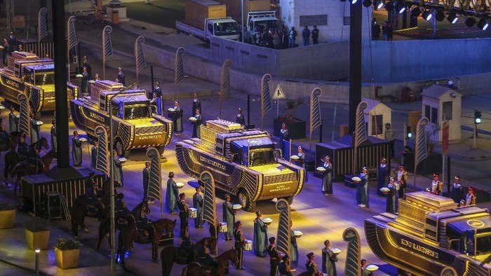 A convoy of vehicles transporting royal mummies is seen in Cairo, Egypt, Saturday, April 3, 2021. Egypt held a parade celebrating the transport of 22 of its prized royal mummies from Egyptian Museum to he newly opened National Museum of Egyptian Civilization. (AP Photo/Samah Zidan)
