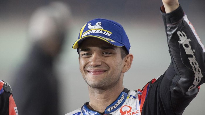DOHA, QATAR - APRIL 03: Jorge Martin of Spain and Pramac Racing celebrates the pole position (his first in MotoGP) at the end of the MotoGP qualifying practice during the MotoGP of Qatar - Qualifying at Losail Circuit on April 03, 2021 in Doha, Qatar. (Photo by Mirco Lazzari gp/Getty Images)