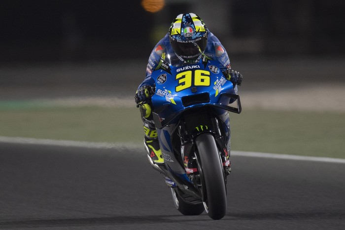 DOHA, QATAR - APRIL 03: Joan Mir of Spain and Team Suzuki ECSTAR   heads down a straight during the MotoGP of Qatar - Qualifying at Losail Circuit on April 03, 2021 in Doha, Qatar. (Photo by Mirco Lazzari gp/Getty Images)