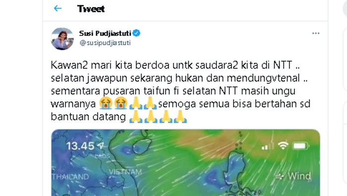 Bencana yang menimpa saudara-saudara di NTT (Nusa Tenggara Timur) juga dikawal oleh Susi Pudjiastuti. Ia mengaku memantaunya menggunakan aplikasi ini.

Banjir akibat badai yang menerpa Kota Kupang dan beberapa daerah di NTT ini terjadi sejak Sabtu (3/4/2021). Tagar #prayforNTT pun menjadi trending topic di Twitter.

