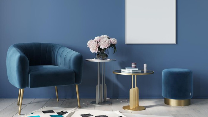 Blue interior in art deco style with armchair, poster, metal tables with marble countertop. Mock up interior / 3D illustration, 3d render