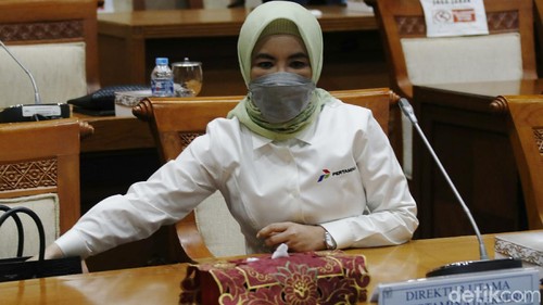 Direktur Utama PT Pertamina, Nicke Widyawati, berbincang dengan Ketua Komisi VII DPR Alex Noerdin dan Wakil Ketua Komisi VII DPR Sugeng Suparwoto sebelum mengikuti rapat dengar pendapat dengan Komisi VII DPR di Gedung Parlemen, Senayan, Jakarta, Senin (05/04/2021).