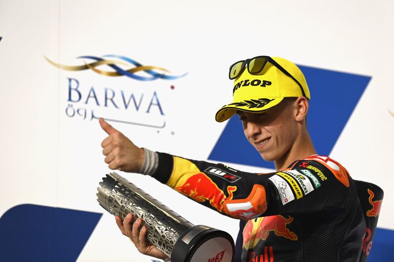 DOHA, QATAR - MARCH 28: Pedro Acosta of Spain and Red Bull KTM Ajo celebrates the second place on the podium at the end of the Moto3 race during the MotoGP of Qatar - Race at Losail Circuit on March 28, 2021 in Doha, Qatar. (Photo by Mirco Lazzari gp/Getty Images)