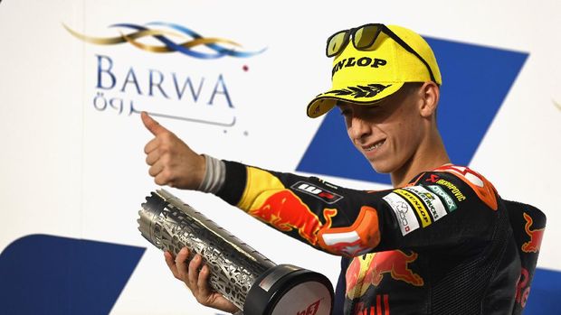 DOHA, QATAR - MARCH 28: Pedro Acosta of Spain and Red Bull KTM Ajo celebrates the second place on the podium at the end of the Moto3 race during the MotoGP of Qatar - Race at Losail Circuit on March 28, 2021 in Doha, Qatar. (Photo by Mirco Lazzari gp/Getty Images)