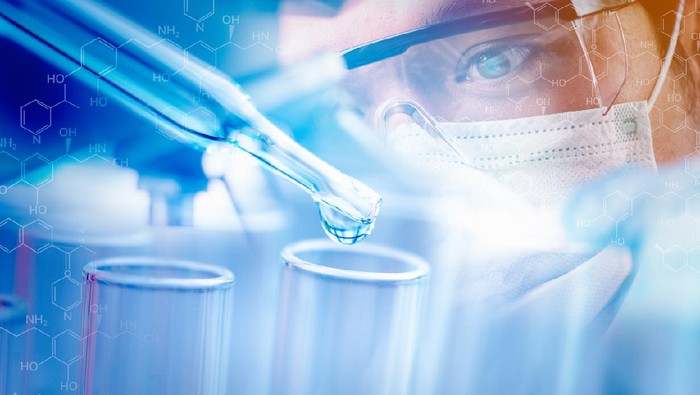 Ilustrasi Artifisial double exposure scientists and scientific equipment In the laboratory,Laboratory research concept.science background.biotechnoloy research concept.