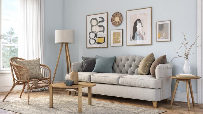Bohemian living room interior 3d render with  beige colored furniture and wooden elements and light blue colored wall