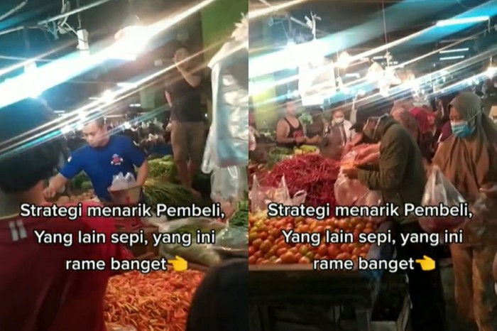 pedagang sayur di Pasar Cikema, Bogor heboh menyanyikan yel-yel untuk menarik pembeli.