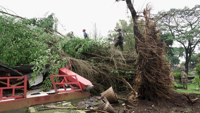 ANGIN KENCANG LANDA KABUPATEN PURBALINGGA Atap bangunan roboh terkena angin kencang dan hujan deras, di Taman Reptil Purbalingga, Jateng, Rabu (7/4/2021). Hujan deras yang disertai angin kencang merobohkan pohon serta atap bangunan di Taman Reptil dan sejumlah atap rumah milik warga pada Selasa (6/4/2021), di Kecamatan Kutasari dan Bojongsari, Kabupaten Purbalingga, Jateng. ANTARA FOTO/Idhad Zakaria/hp.