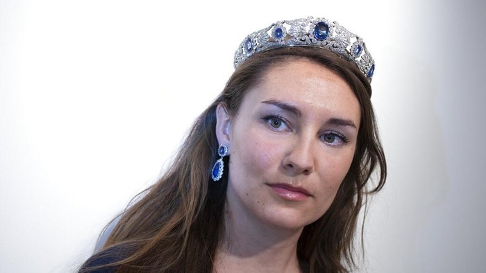 The Beauharnais sapphire and diamond tiara is seen during a viewing at Christie's auction house in Amsterdam, Netherlands, Wednesday, April 7, 2021. The tiara and it's accompanying ring and earrings studded with diamonds and sapphires were in Amsterdam ahead of their auction next month in Geneva. The Beauharnais jewels once belonged to Napoleon Bonaparte's adopted daughter, Stephanie de Beauharnais, Grand Duchess of Baden. (AP Photo/Peter Dejong)