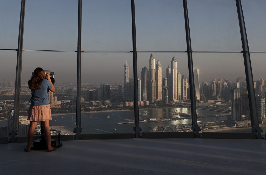 A general view of the Jumeirah Palm Island and the Atlantis hotel are seen from the observation deck of 