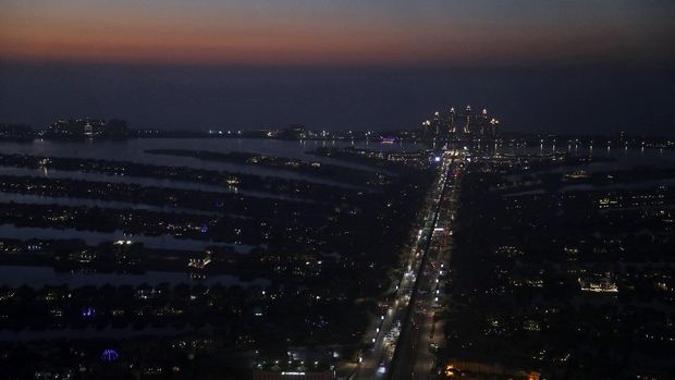 A general view of the Jumeirah Palm Island and the Atlantis hotel are seen from the observation deck of 