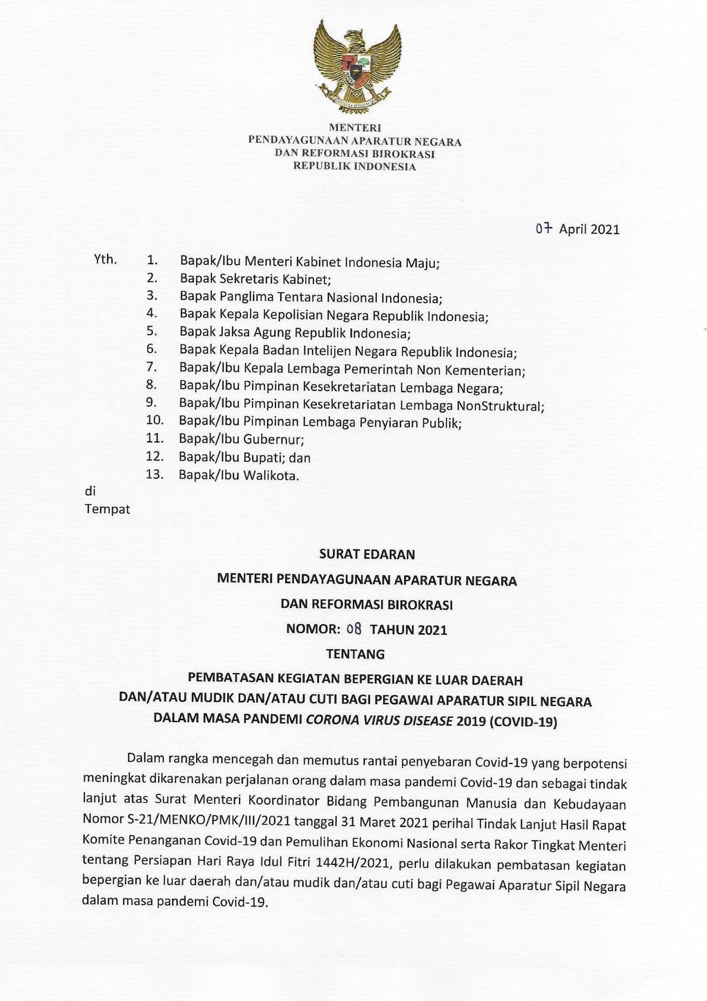 Sah Aturan Terbit Para Pns Resmi Dilarang Mudik Cuti Kamis 15 April 2021 Firda Puri Agustine.