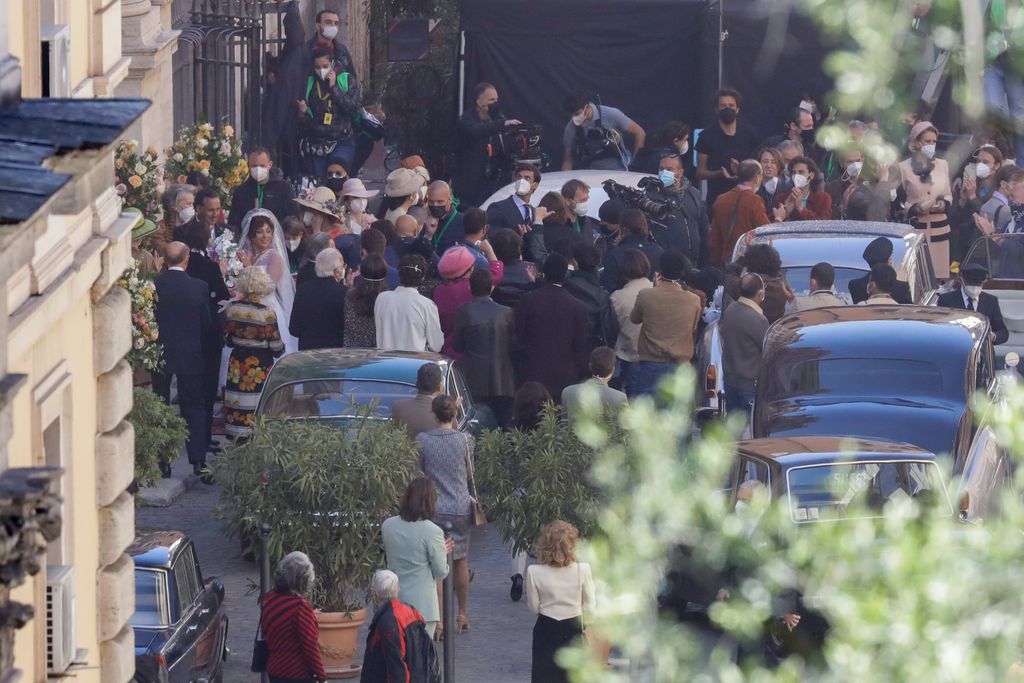 Lady Gaga plays Maurizio Gucci's former wife Patrizia Reggiani during the shooting of a movie by Ridley Scott, based on the story of the murder of Maurizio Gucci in 1995, in Rome, Thursday, April 8, 2021.  (AP Photo/Andrew Medichini)