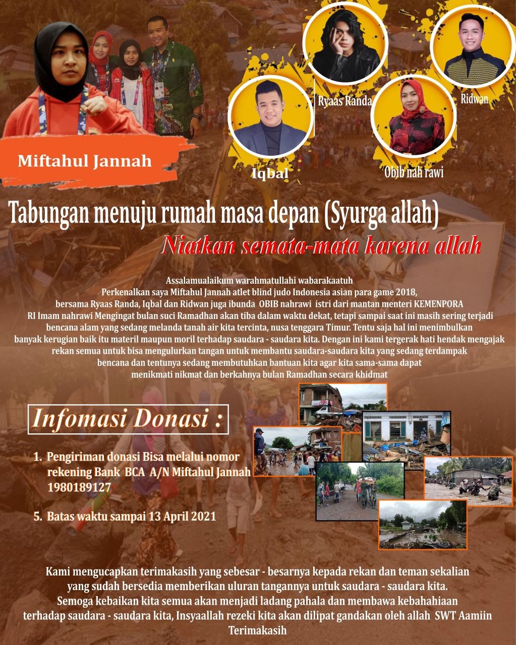 Atlet blind judo Indonesia Miftahul Jannah menggalang donasi bagi para korban banjir dan longsor NTT.