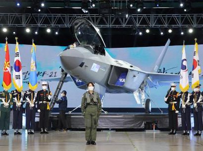A prototype of the KF-21 Boramae fighter, South Koreas next-generation indigenous fighter jet, is displayed during its unveiling event at the Korea Aerospace Industries headquarters in the southern city of Sacheon on April 9, 2021. (Photo by - / YONHAP / AFP) / - South Korea OUT / REPUBLIC OF KOREA OUT  NO ARCHIVES  RESTRICTED TO SUBSCRIPTION USE