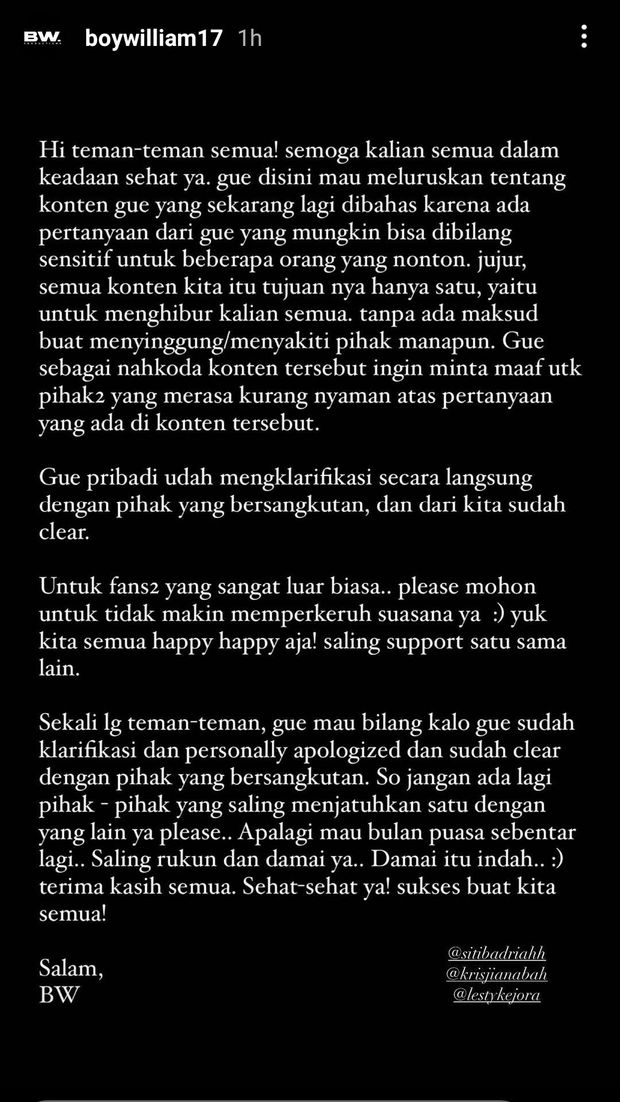 Boy William minta maaf soal Siti Badriah