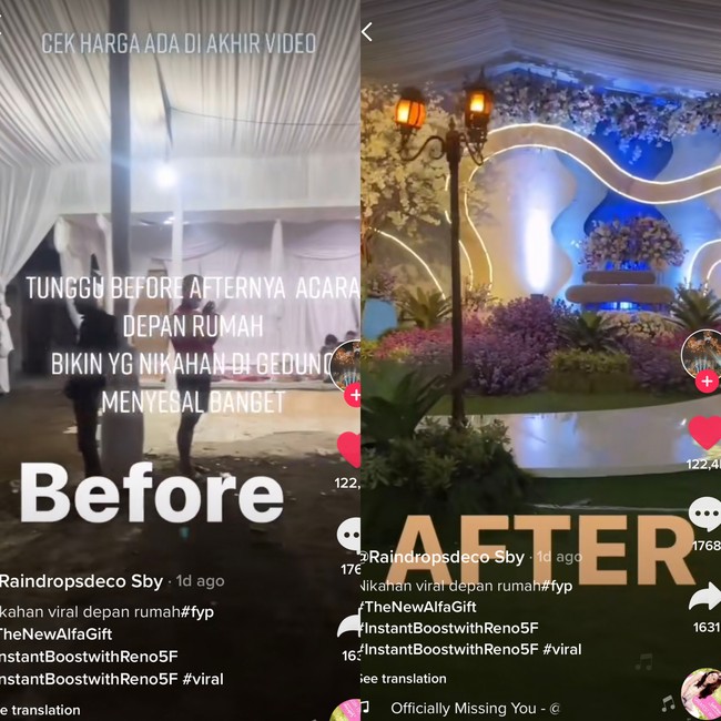 Reaksi tetangga senang banget liat proses dekornya. Karena ini acara di halaman rumah bukan di jalan ya. Yang empunya punya pondok pesantren. Jadi parkir dan segala macem mudah, pungkasnya. Foto: Dok. Tangkap layar akun TikTok Raindropsdeco.