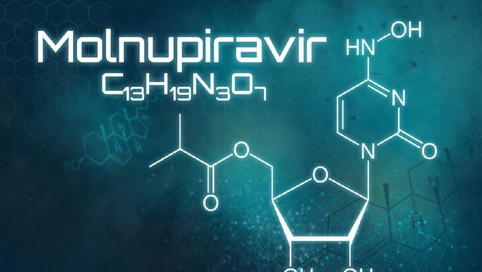 Molnupiravir Chemical formula of Molnupiravir on a futuristic background