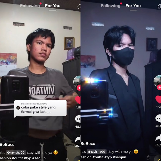 Ialah Yogi Hadi Wibowo lewat akun TikToknya @bobocu.id yang viral karena disebut Han Seo Jun KW. Dia awalnya menjawab tantangan dari salah satu pengikutnya untuk bergaya formal. Sebelumnya ia kerap mengunggah video OOTD Korean style. Foto: Dok. Tangkap Layar akun TikTok @bobocu.id.