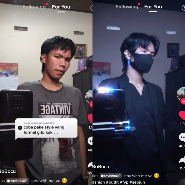 Yogi pun menjawab tantangan itu dengan mengunggah video berpose di depan kaca, dilengkapi dengan handphone dan tripod agar dapat mengabadikan momen. Dia tampil dengan kaus abu-abu dan celana hitam. Dan dalam video berikutnya penampilannya langsung berubah drastis saat memakai jas, kaus v-neck dan celana serba hitam. Dia bergaya ala Han Seo Jun di drakor True Beauty. Foto: Dok. Tangkap Layar akun TikTok @bobocu.id.