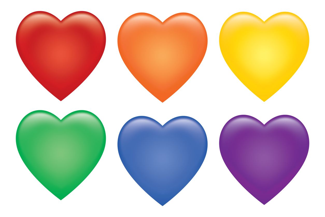 Vector illustration of six shiny colorful hearts on a white background.