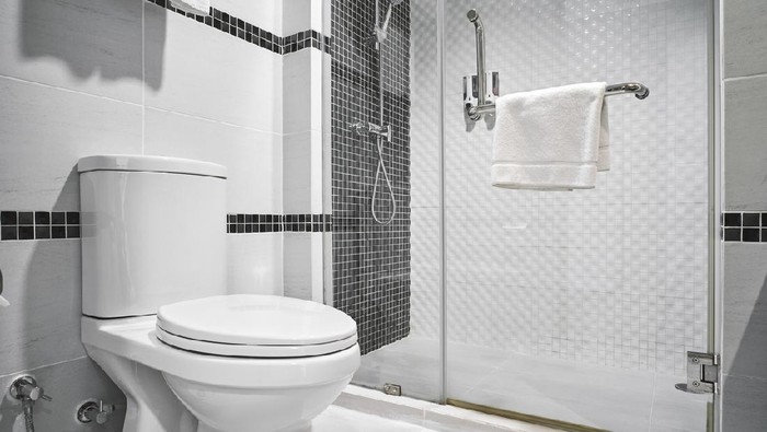 Concept of modern decoration design of bathroom with toilet and shower decorating with black and white ceramic for luxury hotel, condominium, residential