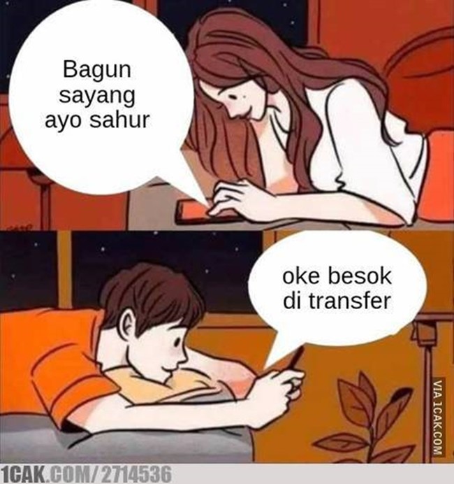 Biar nggak berasa jomblo, bayar pacar sewaan aja deh buat bangunin sahur. Kalau kamu minta bangunin sahurnya sama pacar sewaan atau pacar sendiri nih? Foto: 1cak.com