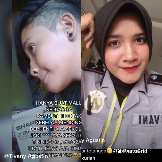 Briptu Tivany Agustin dulunya memiliki rambut antimainstream, yaitu side undercut style kini tampil menjadi polwan atau polisi wanita berhijab. Berawal dari video yang dibagikan oleh Tivany Agustin di akun TikTok pribadinya @tivanyagstn17. Dalam video tersebut ia mengaku mengalami banyak bully-an dari tetangga sekitar karena penampilannya dulu. Foto: Dok. Tangkap layar akun TikTok @tivanyagstn17.