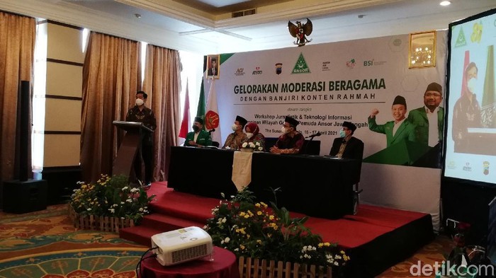 Wali Kota Solo Gibran Rakabuming Raka saat memberikan sambutan di workshop pelatihan jurnalistik GP Ansor Solo