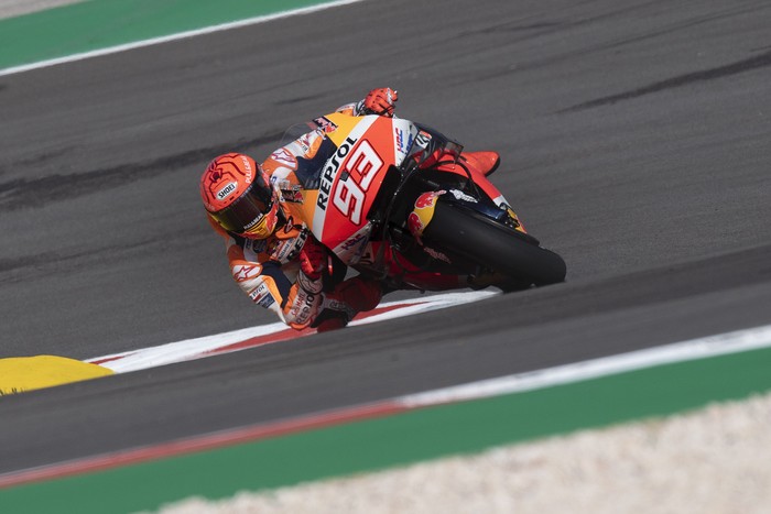 PORTIMAO, PORTUGAL - APRIL 16: Marc Marquez of Spain and Repsol Honda Honda rounds the bend during the MotoGP of Portugal - Free Practice at Autodromo Internacional Do Algarve on April 16, 2021 in Portimao, Portugal. (Photo by Mirco Lazzari gp/Getty Images)