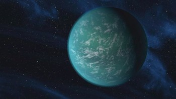 Kepler-22b. Ini adalah exoplanet pertama yang ditemukan oleh Misi Kepler yang mengorbit di zona layak huni sebuah bintang. Ini berarti bahwa Kepler-22b mungkin memiliki air cair di atasnya seperti Bumi, menjadikannya planet saudara terdekat kita. Foto: NASA