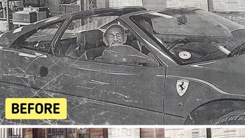 “Almarhum kakek saya duduk di mobil Ferrari merah. Kami kehilangan foto berwarna asli dan hanya memiliki fotokopi hitam putih ini. (Foto: Brightside/ bigfranky145 / Reddit, © kmccormi2 / Reddit, © kmccormi2 / Dropbox)