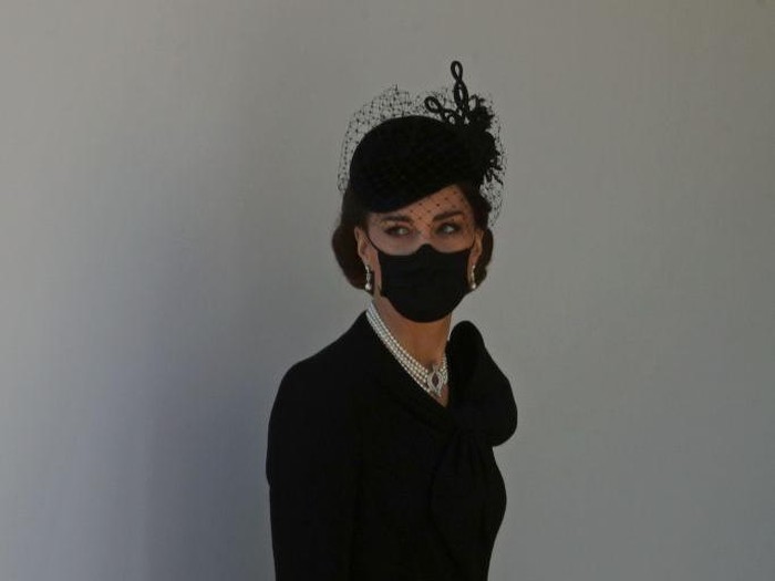 WINDSOR, ENGLAND - APRIL 17: Camilla, Duchess of Cornwall and Catherine, Duchess of Cambridge arrive for the funeral of Prince Philip, Duke of Edinburgh at St Georges Chapel at Windsor Castle on April 17, 2021 in Windsor, England. Prince Philip of Greece and Denmark was born 10 June 1921, in Greece. He served in the British Royal Navy and fought in WWII. He married the then Princess Elizabeth on 20 November 1947 and was created Duke of Edinburgh, Earl of Merioneth, and Baron Greenwich by King VI. He served as Prince Consort to Queen Elizabeth II until his death on April 9 2021, months short of his 100th birthday. His funeral takes place today at Windsor Castle with only 30 guests invited due to Coronavirus pandemic restrictions. (Photo by Victoria Jones - WPA Pool/Getty Images)