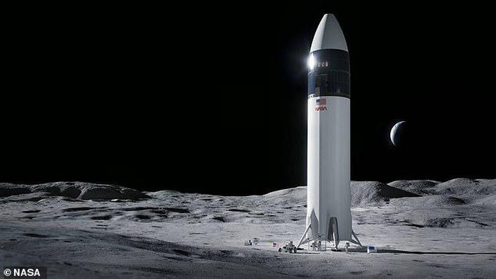 Rancangan gambar Roket SpaceX di Bulan untuk Misi Artemis 1 yang akan terbang 2024 membawa 2 astronaut, 1 adalah perempuan.