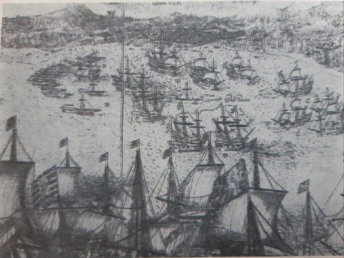 Lukisan angkatan laut Kesultanan Banten di yang berlayar di antara kapal asing kompeni dan Portugis di Teluk Banten pada 1601