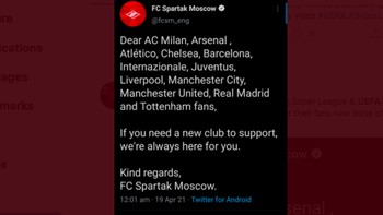 Spartak Moscow memanfaatkan momen untuk mengundang fans tim European Super League yang kecewa agar mendukung mereka saja. Foto: Twitter