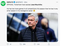 Dipecat Tottenham, Netizen Bilang Mourinho Pahlawan